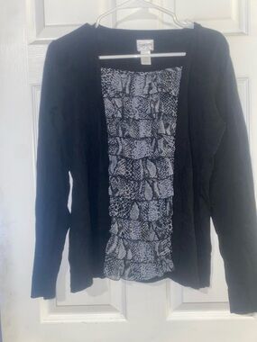 Chico's Black Cardigan with Gray Patterned Ruffle Panel